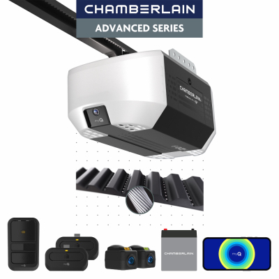 Chamberlain B4310 3/4 HP Belt Drive Smart Garage Door Opener with Fixed Camera, Battery Backup, 2-Bulb Lighting, and myQ Connectivity