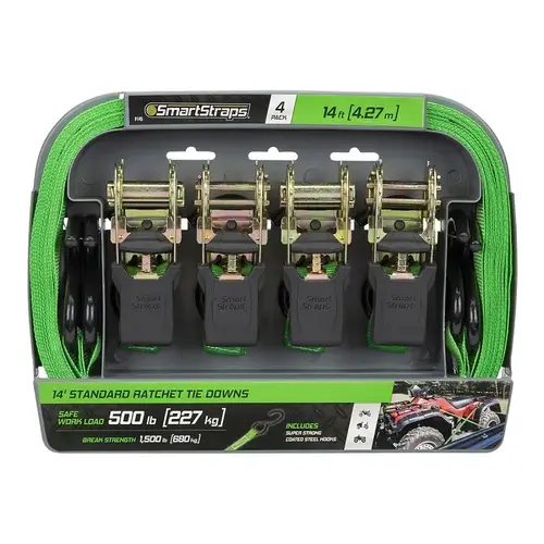 SmartStrap Padded Tie Down, 1 in W, 14 ft L, Polyester/Plastic, Green, 500 lb Working Load, S-Hooks End SmartStrap Padded Tie Down, 1 in W, 14 ft L, Polyester/Plastic, Green, 500 lb Working Load, S-Hooks End