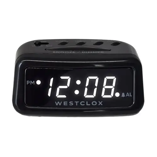 Westclox Alarm Clock, AA Battery, LED Display, Plastic Case, Black Case Westclox Alarm Clock, AA Battery, LED Display, Plastic Case, Black Case