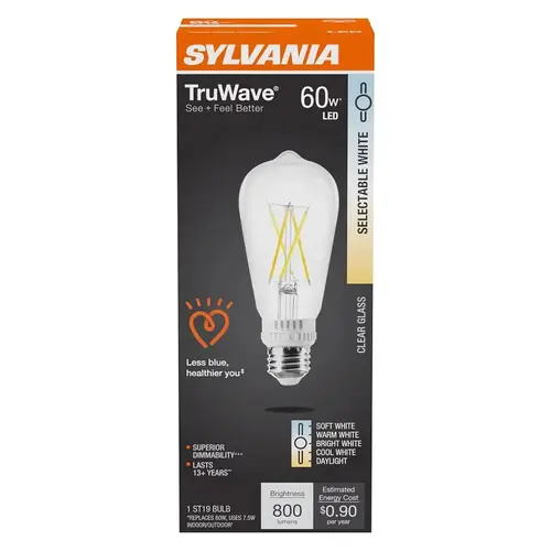 Sylvania TruWave LED Bulb, 5CCT Selectable, ST19 Lamp, 60 W Equivalent, E26 Medium Lamp Base, Dimmable, Clear Sylvania TruWave LED Bulb, 5CCT Selectable, ST19 Lamp, 60 W Equivalent, E26 Medium Lamp Base, Dimmable, Clear