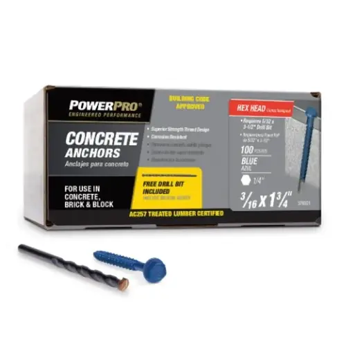 Power Pro Blue Concrete Screw Anchor, Hex Washer Head, 3/16" x 1-3/4" Power Pro Blue Concrete Screw Anchor, Hex Washer Head, 3/16" x 1-3/4"