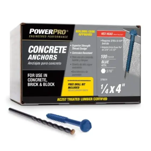 Power Pro Blue Concrete Screw, 1/4" x 4", Hex Washer Head Power Pro Blue Concrete Screw, 1/4" x 4", Hex Washer Head