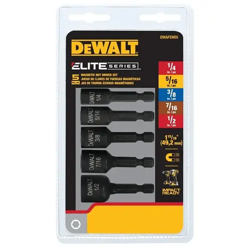 DEWALT ELITE Series Nut Driver Set, 5-Piece, Black Oxide, Specifications: 1/4 in Hex Shank DEWALT ELITE Series Nut Driver Set, 5-Piece, Black Oxide, Specifications: 1/4 in Hex Shank