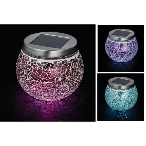 3.5 In. H. x 3.5 In. Dia. Green, Red, or Purple Crackled Glass Tabletop Solar Patio Light 3.5 In. H. x 3.5 In. Dia. Green, Red, or Purple Crackled Glass Tabletop Solar Patio Light