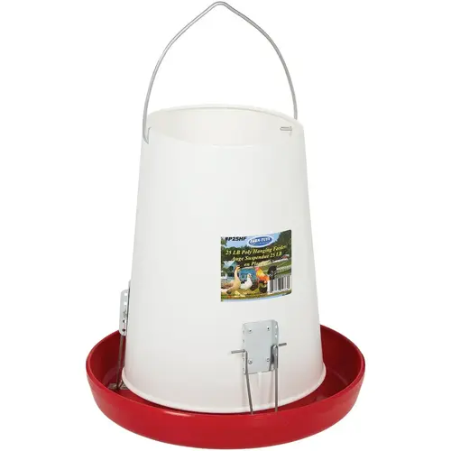 25 Lb. Capacity Hanging Plastic Poultry Feeder Red & White 25 Lb. Capacity Hanging Plastic Poultry Feeder Red & White