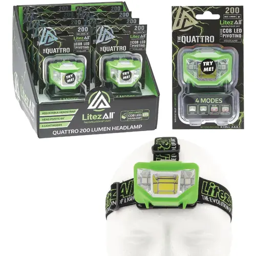 Quattro 200 Lm. LED 3AAA 4-Mode Headlamp Green Quattro 200 Lm. LED 3AAA 4-Mode Headlamp Green