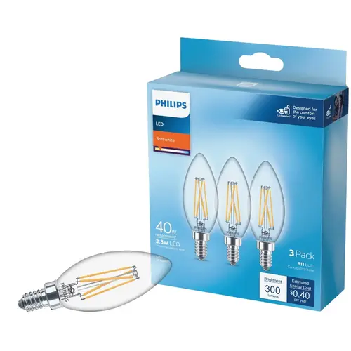 40W Equivalent Soft White B11 Candelabra Clear LED Decorative Light Bulb - pack of 3 40W Equivalent Soft White B11 Candelabra Clear LED Decorative Light Bulb - pack of 3