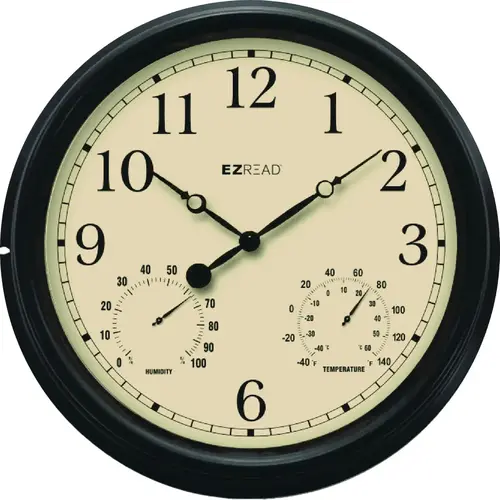 15 In. Black Indoor/Outdoor Clock with Thermometer & Hygrometer 15 In. Black Indoor/Outdoor Clock with Thermometer & Hygrometer