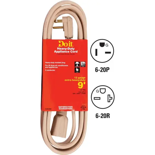 9 Ft. 12/3 20A Appliance & Air Conditioner Cord Beige 9 Ft. 12/3 20A Appliance & Air Conditioner Cord Beige