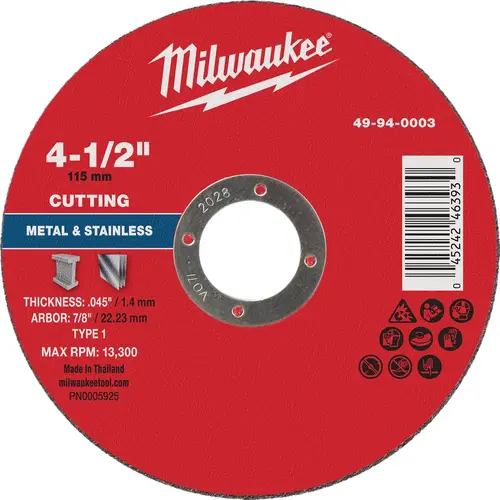 Type 1 4-1/2 In. x .045 In. x 7/8 In. Metal Cut-Off Wheel Type 1 4-1/2 In. x .045 In. x 7/8 In. Metal Cut-Off Wheel