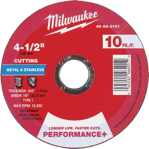 Type 1 4-1/2 In. x .045 In. x 7/8 In. Performance-Plus Metal Cut-Off Wheel (10-Pack) Type 1 4-1/2 In. x .045 In. x 7/8 In. Performance-Plus Metal Cut-Off Wheel (10-Pack)
