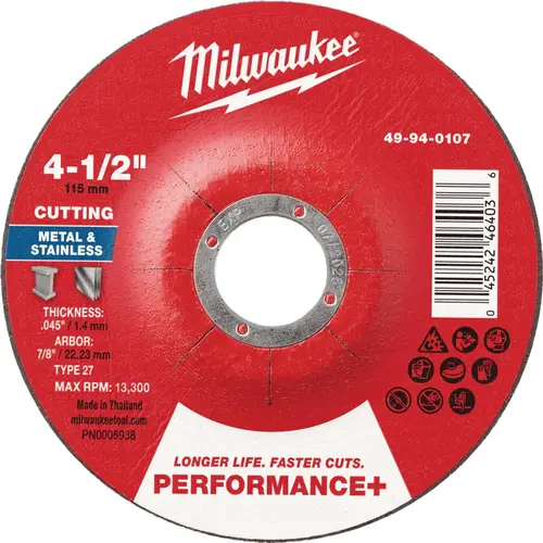 Type 27 4-1/2 In. x .045 In. x 7/8 In. Performance-Plus Metal Cut-Off Wheel Type 27 4-1/2 In. x .045 In. x 7/8 In. Performance-Plus Metal Cut-Off Wheel