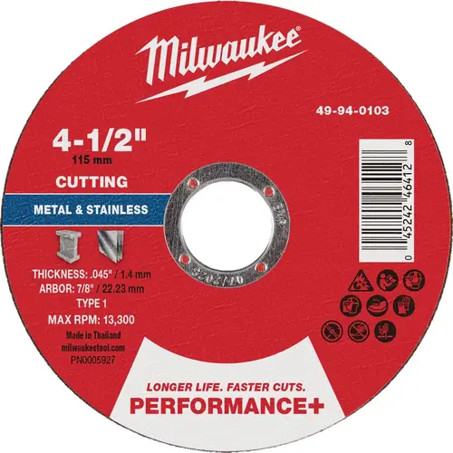 Type 1 4-1/2 In. x .045 In. x 7/8 In. Performance-Plus Metal Cut-Off Wheel Type 1 4-1/2 In. x .045 In. x 7/8 In. Performance-Plus Metal Cut-Off Wheel