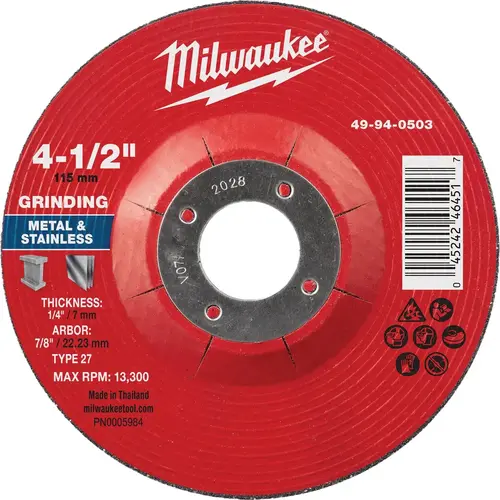 Type 27 4-1/2 In. x 1/4 In. x 7/8 In. Metal Grinding Cut-Off Wheel Type 27 4-1/2 In. x 1/4 In. x 7/8 In. Metal Grinding Cut-Off Wheel