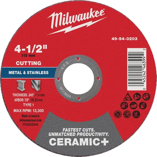 Type 1 4-1/2 In. x .045 In. x 7/8 In. Ceramic-Plus Metal Cut-Off Wheel Type 1 4-1/2 In. x .045 In. x 7/8 In. Ceramic-Plus Metal Cut-Off Wheel