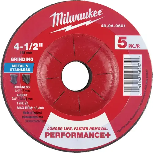 Type 27 4-1/2 In. x 1/4 In. x 7/8 In. Performance-Plus Metal Grinding Cut-Off Wheel (5-Pack) Type 27 4-1/2 In. x 1/4 In. x 7/8 In. Performance-Plus Metal Grinding Cut-Off Wheel (5-Pack)
