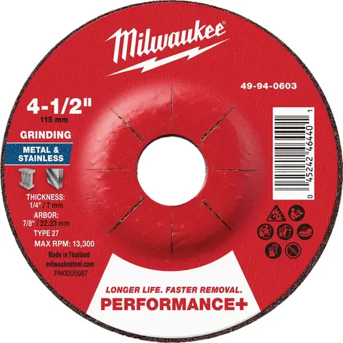 Type 27 4-1/2 In. x 1/4 In. x 7/8 In. Performance-Plus Metal Grinding Cut-Off Wheel Type 27 4-1/2 In. x 1/4 In. x 7/8 In. Performance-Plus Metal Grinding Cut-Off Wheel