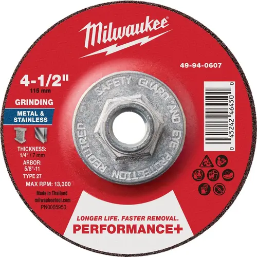 Type 27 4-1/2 In. x 1/4 In. x 5/8 In.-11 Performance-Plus Metal Grinding Cut-Off Wheel Type 27 4-1/2 In. x 1/4 In. x 5/8 In.-11 Performance-Plus Metal Grinding Cut-Off Wheel