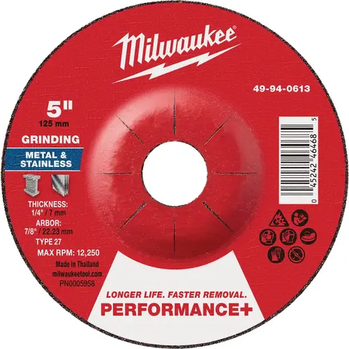 Type 27 5 In. x 1/4 In. x 7/8 In. Performance-Plus Metal Grinding Cut-Off Wheel Type 27 5 In. x 1/4 In. x 7/8 In. Performance-Plus Metal Grinding Cut-Off Wheel