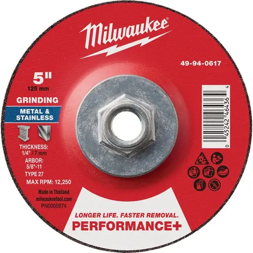 Type 27 5 In. x 1/4 In. x 5/8 In.-11 Performance-Plus Metal Grinding Cut-Off Wheel Type 27 5 In. x 1/4 In. x 5/8 In.-11 Performance-Plus Metal Grinding Cut-Off Wheel