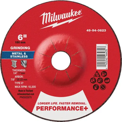 Type 27 6 In. x 1/4 In. x 7/8 In. Performance-Plus Metal Grinding Cut-Off Wheel Type 27 6 In. x 1/4 In. x 7/8 In. Performance-Plus Metal Grinding Cut-Off Wheel