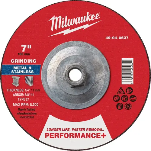 Type 27 7 In. x 1/4 In. x 5/8 In.-11 Performance-Plus Metal Grinding Cut-Off Wheel Type 27 7 In. x 1/4 In. x 5/8 In.-11 Performance-Plus Metal Grinding Cut-Off Wheel