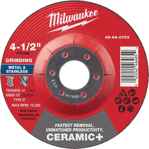 Type 27 4-1/2 In. x 1/4 In. x 7/8 In. Ceramic-Plus Metal Grinding Cut-Off Wheel Type 27 4-1/2 In. x 1/4 In. x 7/8 In. Ceramic-Plus Metal Grinding Cut-Off Wheel