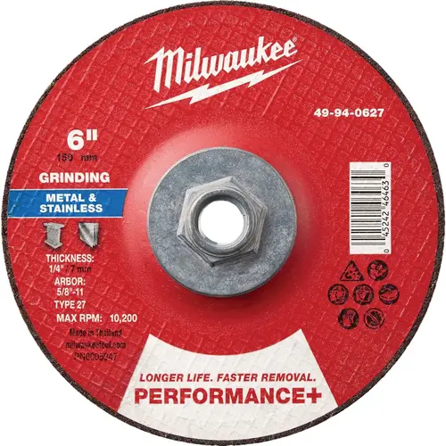 Type 27 6 In. x 1/4 In. x 5/8 In.-11 Performance-Plus Metal Grinding Cut-Off Wheel Type 27 6 In. x 1/4 In. x 5/8 In.-11 Performance-Plus Metal Grinding Cut-Off Wheel