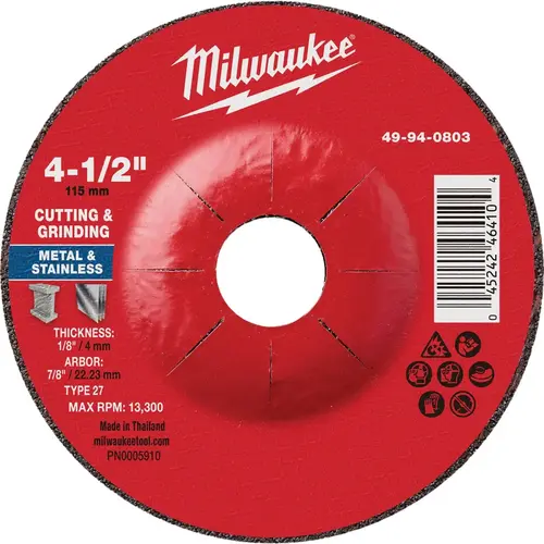 Type 27 4-1/2 In. x 1/8 In. x 7/8 In. Dual Metal Cut & Grind Wheel Type 27 4-1/2 In. x 1/8 In. x 7/8 In. Dual Metal Cut & Grind Wheel