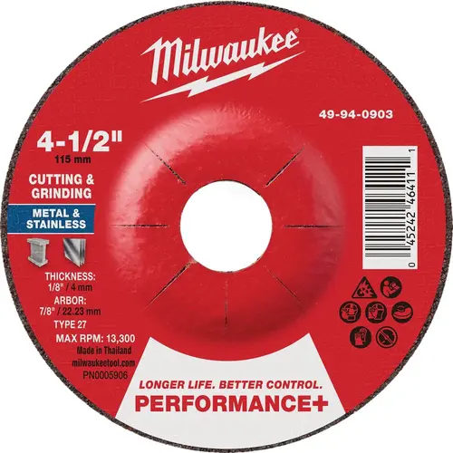 Type 27 4-1/2 In. x 1/8 In. x 7/8 In. Performance-Plus Dual Metal Cut & Grind Wheel Type 27 4-1/2 In. x 1/8 In. x 7/8 In. Performance-Plus Dual Metal Cut & Grind Wheel