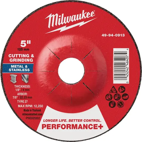Type 27 5 In. x 1/8 In. x 7/8 In. Performance-Plus Dual Metal Cut & Grind Wheel Type 27 5 In. x 1/8 In. x 7/8 In. Performance-Plus Dual Metal Cut & Grind Wheel