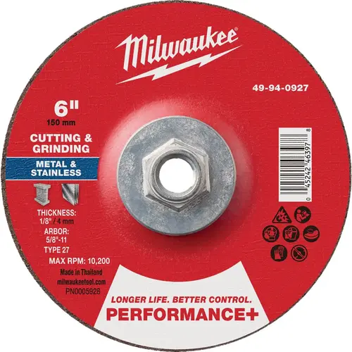 Type 27 6 In. x 1/8 In. x 5/8 In.-11 Performance-Plus Dual Metal Cut & Grind Wheel Type 27 6 In. x 1/8 In. x 5/8 In.-11 Performance-Plus Dual Metal Cut & Grind Wheel