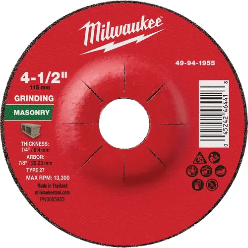 Type 27 4-1/2 In. x 1/4 In. x 7/8 In. Masonry Grinding Wheel Type 27 4-1/2 In. x 1/4 In. x 7/8 In. Masonry Grinding Wheel