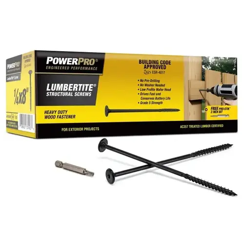 Power Pro LumberTite Structural Wood Screw, 1/4" x 8", Star Drive, Black Epoxy, Box of 40 Power Pro LumberTite Structural Wood Screw, 1/4" x 8", Star Drive, Black Epoxy, Box of 40