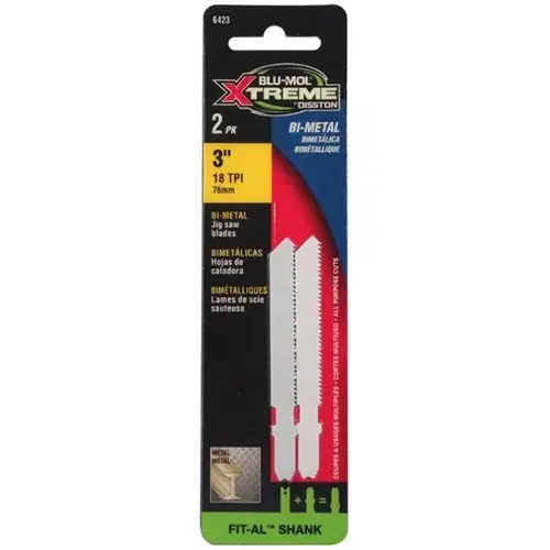 Blu-Mol Xtreme Jig Saw Blade, 3" 18 TPI, Metal Cutting, Bi-Metal, Fit-Al Shank, Pack of 2 Blu-Mol Xtreme Jig Saw Blade, 3" 18 TPI, Metal Cutting, Bi-Metal, Fit-Al Shank, Pack of 2