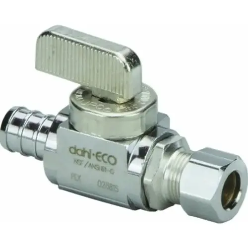Straight Stop Valve, 1/2" PEX Crimp x 1/4" Compression (3/8" OD) Straight Stop Valve, 1/2" PEX Crimp x 1/4" Compression (3/8" OD)