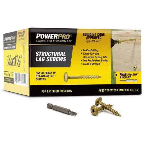 Power Pro Structural Lag Screw, 1/4" x 1-1/2", Hex Drive, Bronze, Box of 75 Power Pro Structural Lag Screw, 1/4" x 1-1/2", Hex Drive, Bronze, Box of 75