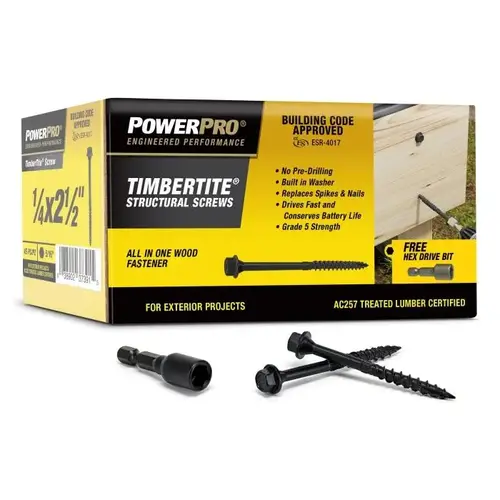 Power Pro Structural Timber Screw, 1/4" x 2-1/2", Star Drive, Dome Head, Box of 45 Power Pro Structural Timber Screw, 1/4" x 2-1/2", Star Drive, Dome Head, Box of 45