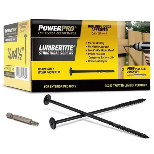 Power Pro Lumber-Tite Structural Wood Screw, 1/4" x 4-1/2", Box of 45 Power Pro Lumber-Tite Structural Wood Screw, 1/4" x 4-1/2", Box of 45