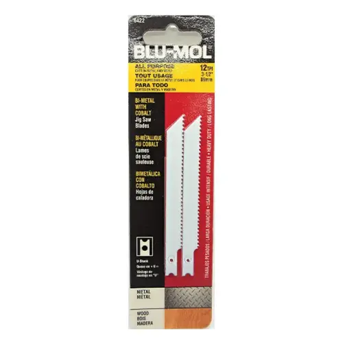 Jig Saw Blade, Wood/Metal, 3-1/2" Length, 12 TPI, Fit-All Shank, Pack of 2 Jig Saw Blade, Wood/Metal, 3-1/2" Length, 12 TPI, Fit-All Shank, Pack of 2