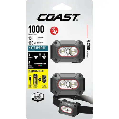 Rechargeable LED Headlamp, 1000 Lumen, Black Rechargeable LED Headlamp, 1000 Lumen, Black