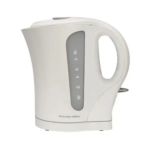 Proctor Silex Cordless Electric Kettle, 1.7 L Capacity, 1500 W, Plastic, White, 9-3/4 in L, 2.3 in W Proctor Silex Cordless Electric Kettle, 1.7 L Capacity, 1500 W, Plastic, White, 9-3/4 in L, 2.3 in W
