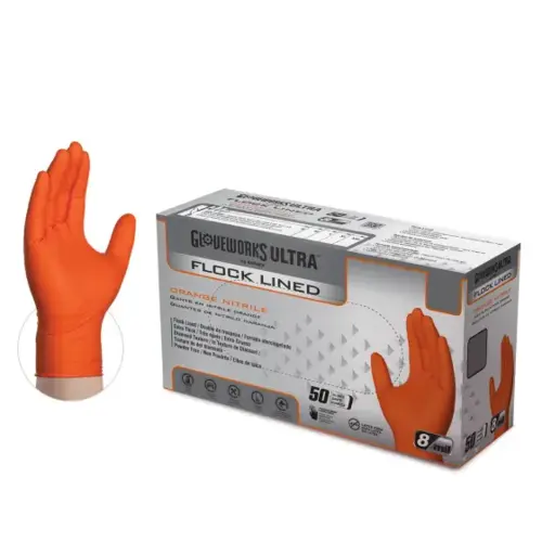Gloveworks Ultra Flock Lined RDT Orange Nitrile Gloves - Large Gloveworks Ultra Flock Lined RDT Orange Nitrile Gloves - Large