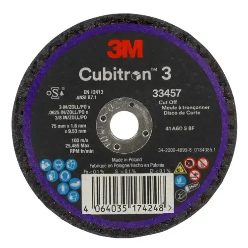 3M Cubitron 3 Cut-Off Wheel 33457, 75 mm x 1.6 mm x 9.53 mm, 5 EA/PK, 6 PK/CS 3M Cubitron 3 Cut-Off Wheel 33457, 75 mm x 1.6 mm x 9.53 mm, 5 EA/PK, 6 PK/CS