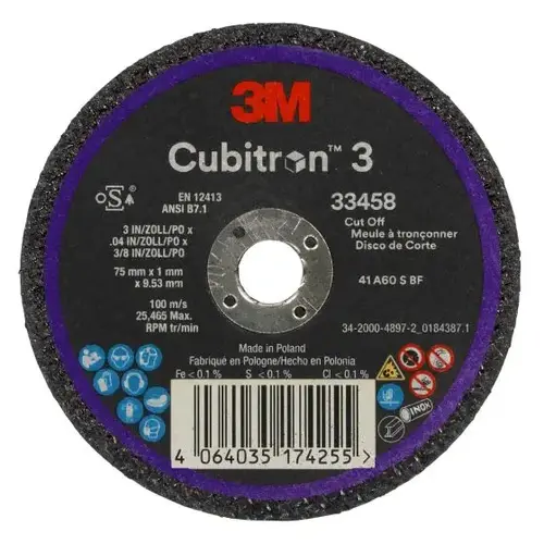 3M Cubitron 3 Cut-Off Wheel 33458, 75 mm x 1 mm x 9.53 mm, 5 EA/PK, 6 PK/CS 3M Cubitron 3 Cut-Off Wheel 33458, 75 mm x 1 mm x 9.53 mm, 5 EA/PK, 6 PK/CS