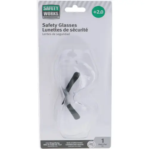 Safety Works 2.0 Diopter Magnifying Clear Frame Safety Glasses with Clear Anti-Scratch Lenses Safety Works 2.0 Diopter Magnifying Clear Frame Safety Glasses with Clear Anti-Scratch Lenses
