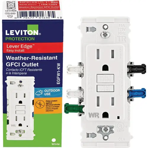 Lever Edge Self-Test 15A Tamper/Weather-Resistant GFCI Duplex Outlet White Lever Edge Self-Test 15A Tamper/Weather-Resistant GFCI Duplex Outlet White