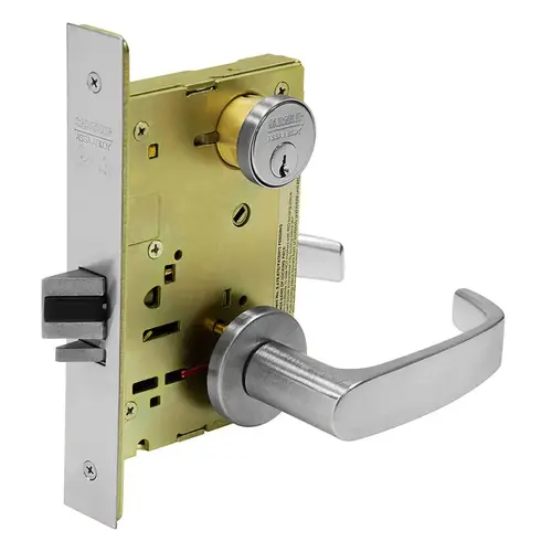 Fail Secure Electro Mechanical Single Cylinder 24 Volt Mortise Lock with L Lever and LN Rose with Request to Exit and Small Format IC Prep with Plastic Construction Core Satin Chrome Finish Fail Secure Electro Mechanical Single Cylinder 24 Volt Mortise Lock with L Lever and LN Rose with Request to Exit and Small Format IC Prep with Plastic Construction Core Satin Chrome Finish