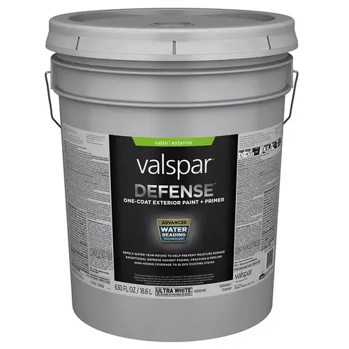 Valspar Defense Satin Ultra White Tintable Latex Exterior Paint + Primer, 5-Gallon Valspar Defense Satin Ultra White Tintable Latex Exterior Paint + Primer, 5-Gallon