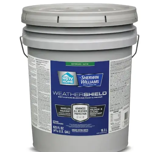 HGTV Home by Sherwin-Williams Weathershield Satin Extra White Tintable Latex Exterior Paint & Primer, 5-Gallon HGTV Home by Sherwin-Williams Weathershield Satin Extra White Tintable Latex Exterior Paint & Primer, 5-Gallon